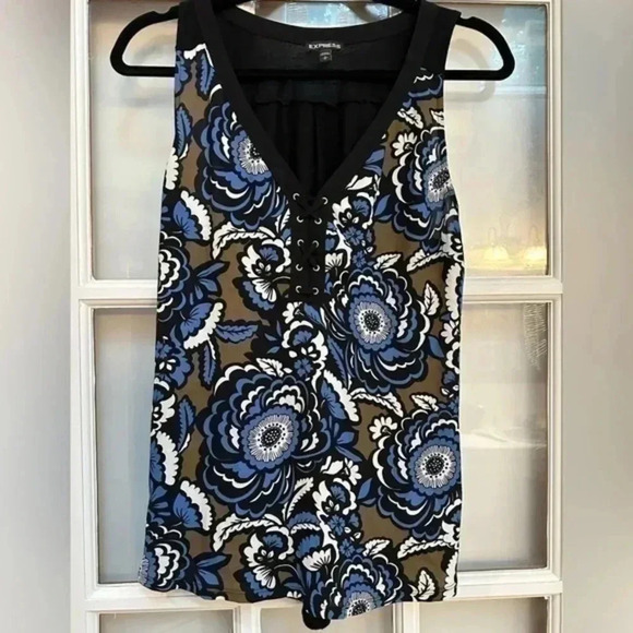 Express | Blue & Brown Floral Sleeveless Front Lace Up Blouse Size S Small - Picture 1 of 5